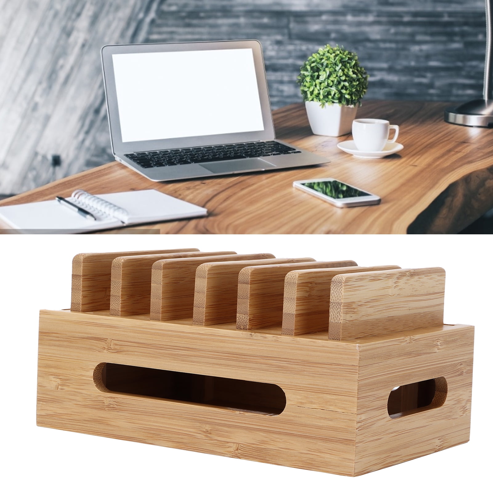 BIMZUC Bamboo Wood Cell Phone Dock Portable Tablet Computer Organizer Storage Box For Home Office Desk Accessory Storage Bracket Holder Natural Wood Finish
