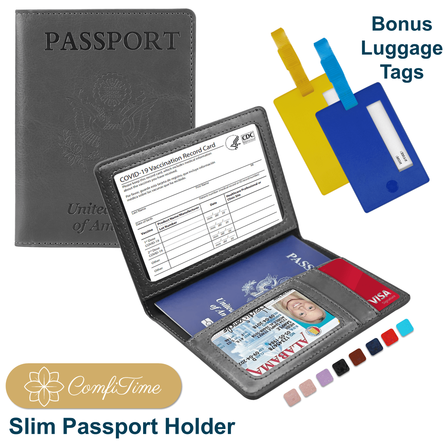 ComfiTime Passport Holder – Slim Passport Wallet with Vaccine Card Holder and Credit Card Slots, 2 Bonus Travel Luggage Tags, Waterproof PU Leather Passport Cover/ Case, Dark Gray