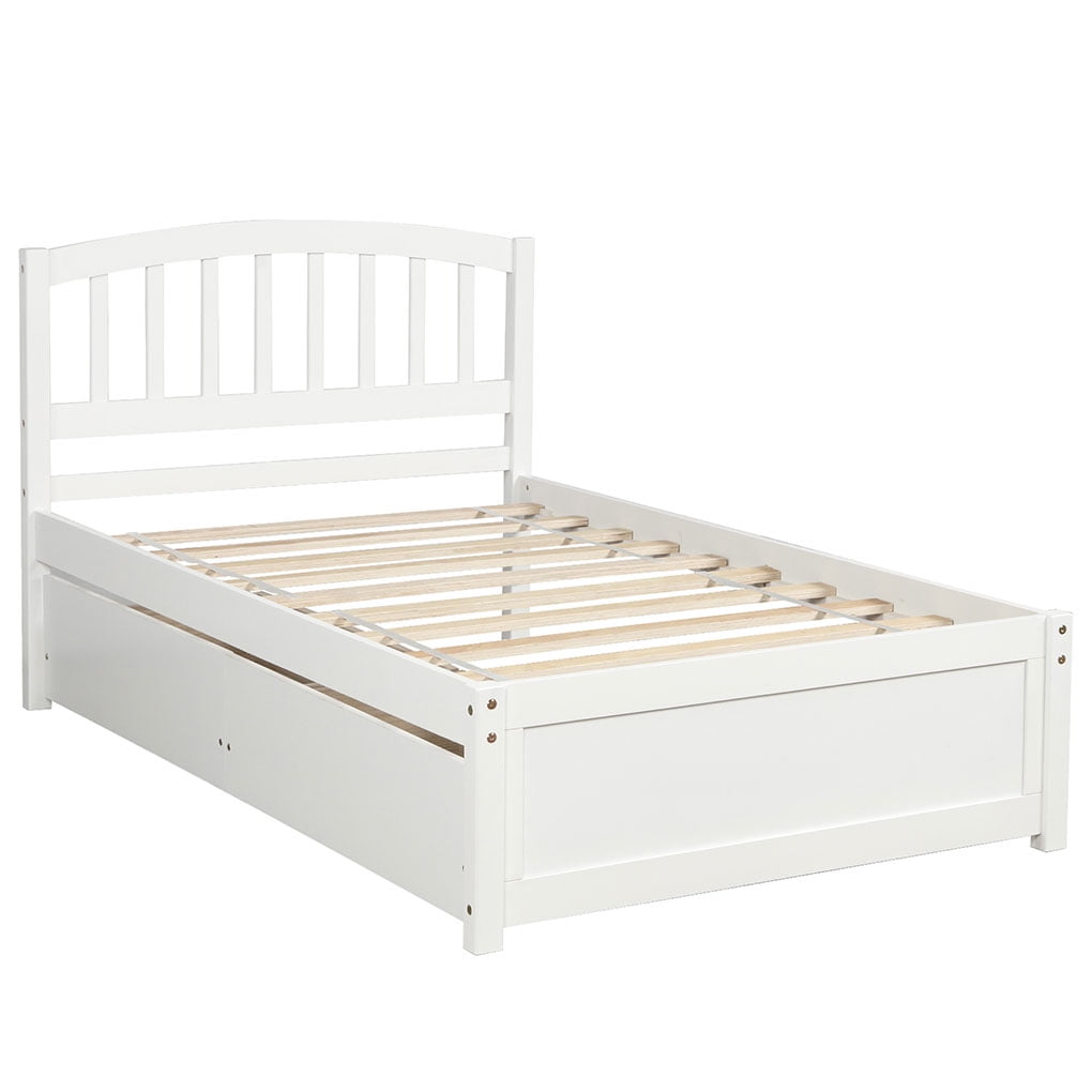 Home Twin Platform Storage Bed Wooden Slatted Bed Frame with 2 Drawers and Headboard White