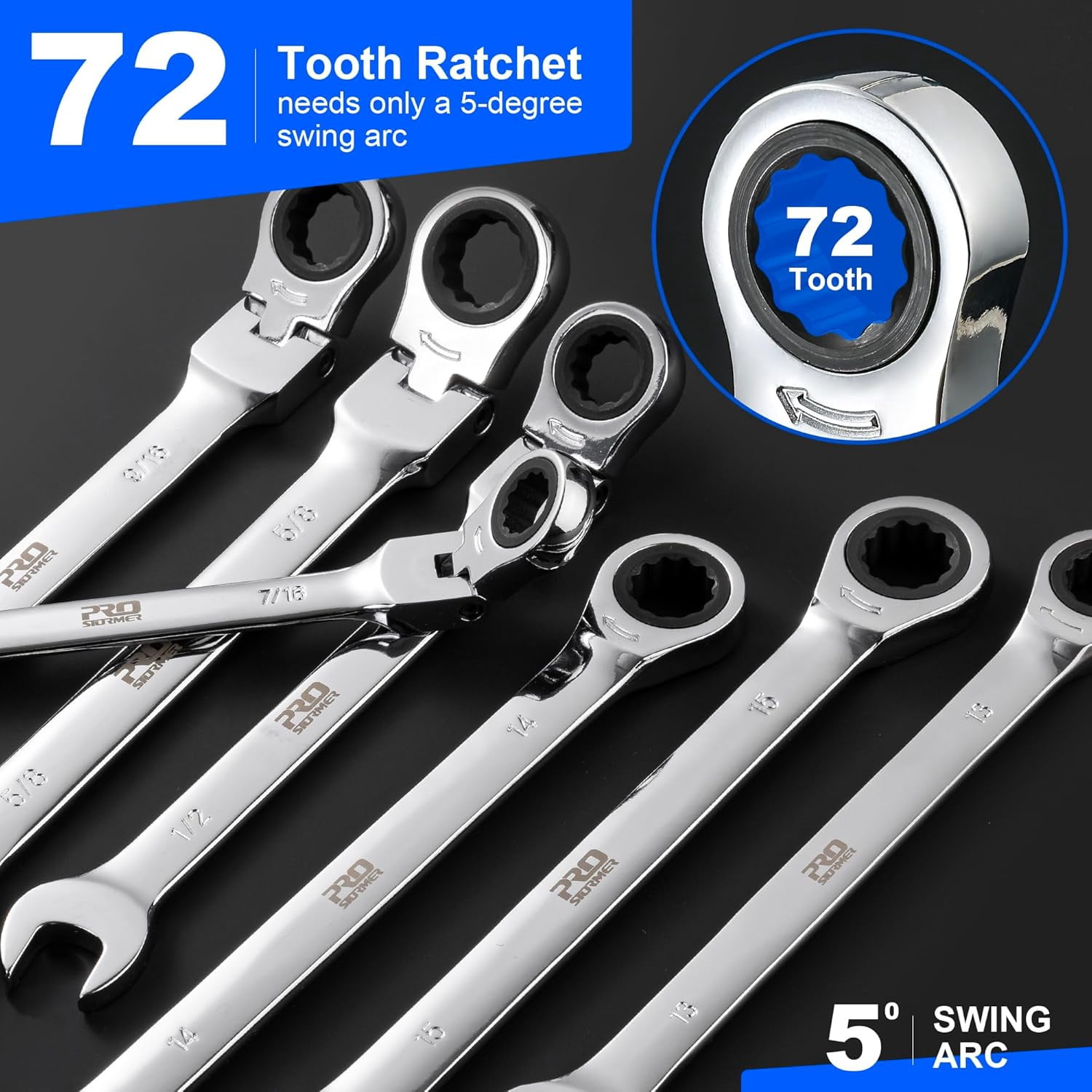 Ratcheting Combination Wrench Set, 20-Piece SAE & Metric Wrench Kit with Pouch, 72-Tooth, Cr-V Steel, 10Pcs Flex-Head 1/4" to 3/4" & 10Pcs Fixed Head 6-18mm