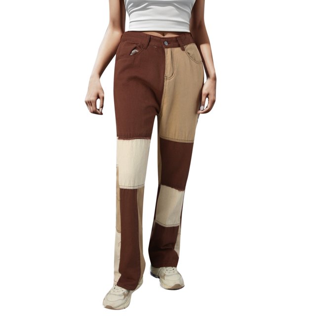 Gibobby pantalones de mezclilla afelpados mujer Longitud Pantalones vaqueros anchos de tamaño Pantalones vaqueros elásticos con Verdinegroujero en la para mujer con cintura (Marrón, XL)