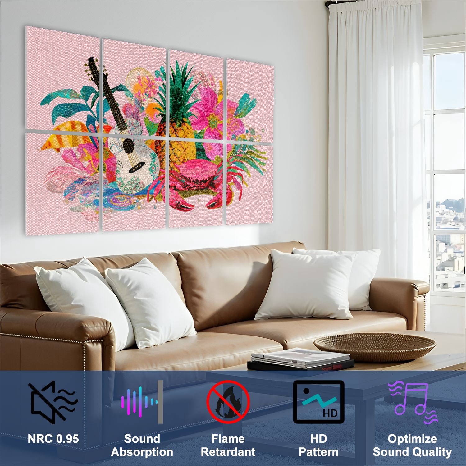 8 Pack Art Acoustic Panels Sound Absorbing Vacation Tropical Country Rustic Decor Figures Guitar Pineapple Crab Decorative Soundproof Wall Panels Self Adhesive for Nursery Game Room Bedroom 48"x32"