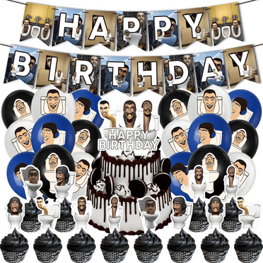 32 Pcs For Skibidi Toilet Theme Birthday Party Decoration Set - Includes Happy Birthday Banner, Cake Topper, Cupcake Toppers, and Balloons for Kids’ Celebrations