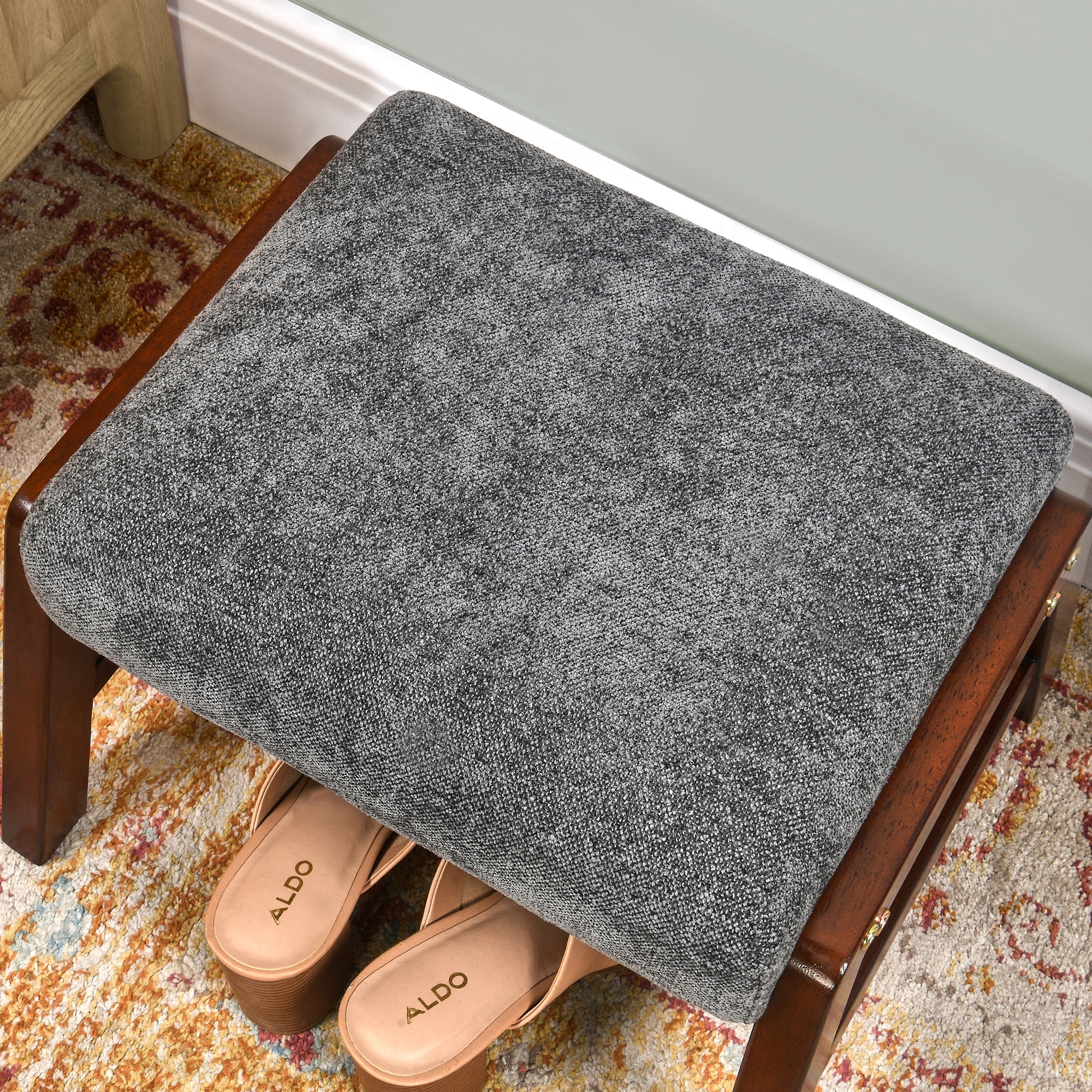 Small Footstool Ottoman, Fabric Wooden Foot Rest Ottoman with Wood Legs, Small Foot Stool Sofa Footrest Extra Seating for Living Room Entryway Office, Charcoal Grey