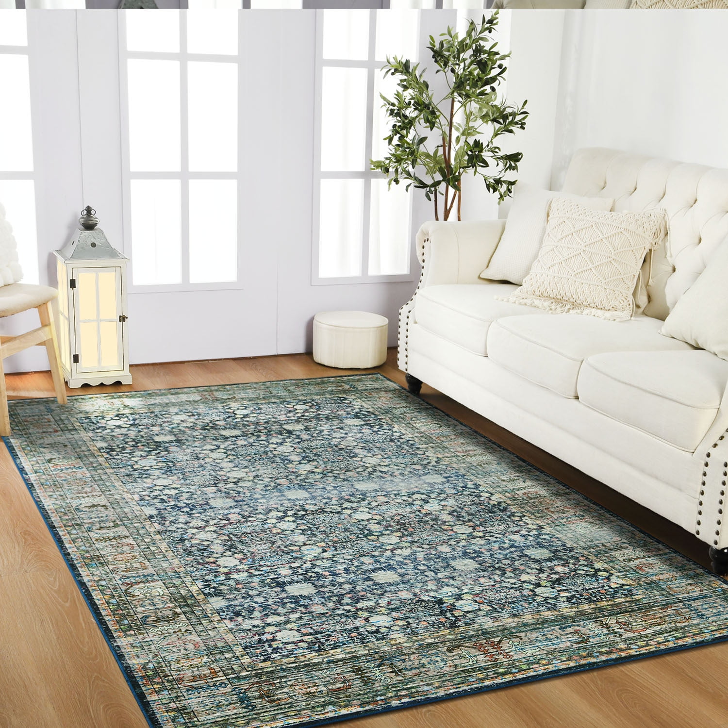 Wondo Floral Washable Rugs, 5x8 Area Rug for Living Room, Soft Large Boho Bedroom Rug, Botanical Non Slip Ultra Thin Floor Carpet for Dining Room Nursery Office, Yellow
