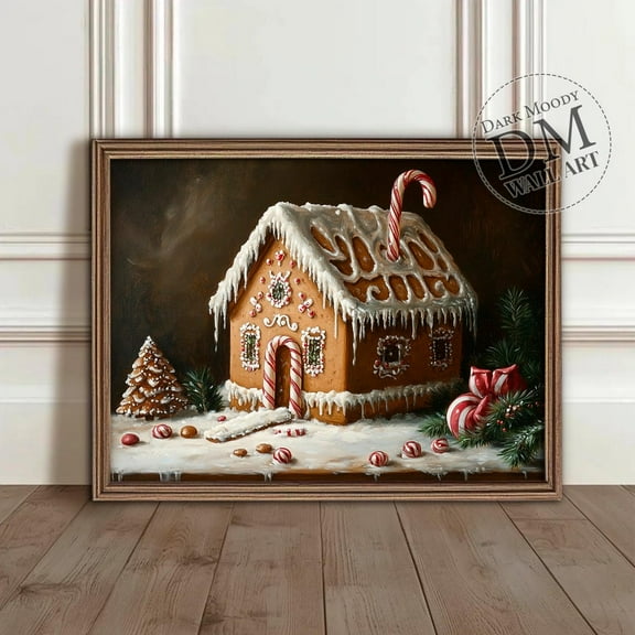 Gingerbread House Print, Moody Wall Art, Vintage Holiday Kitchen Print, Wall Art, Modern Wall Decor, 8x12 UNFRAMED