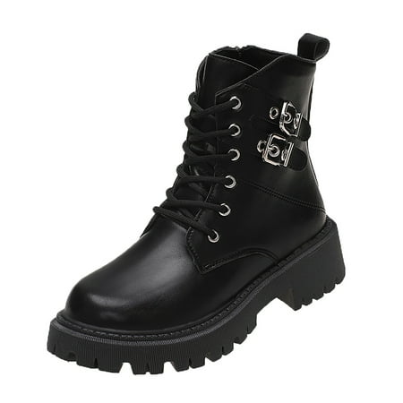 

Fsqjgq Heeled Boots for Women Booties Fashion Women Artificial Leather Solid Color Autumn Thick Sole Square Heels Buckle Strap Short Booties Round Toe Shoes Leather Boots Heel Black 40