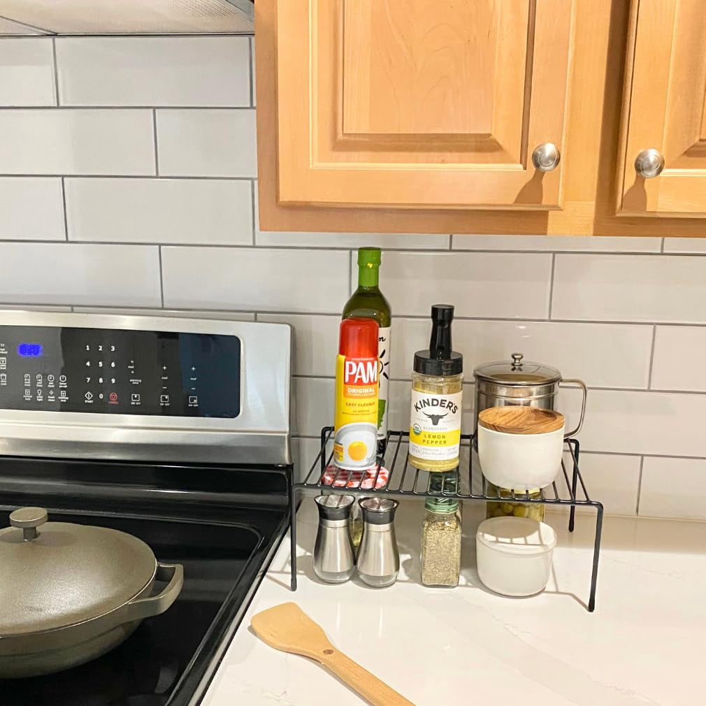 Evelots Kitchen Cabinet Wire Shelf Organizer/Rack - 4 Pack Sturdy Large Metal Shelf Risers - Double Your Counter Space - Great for Kitchen, Freezer, Pantry and Bathroom - Rustproof - Black