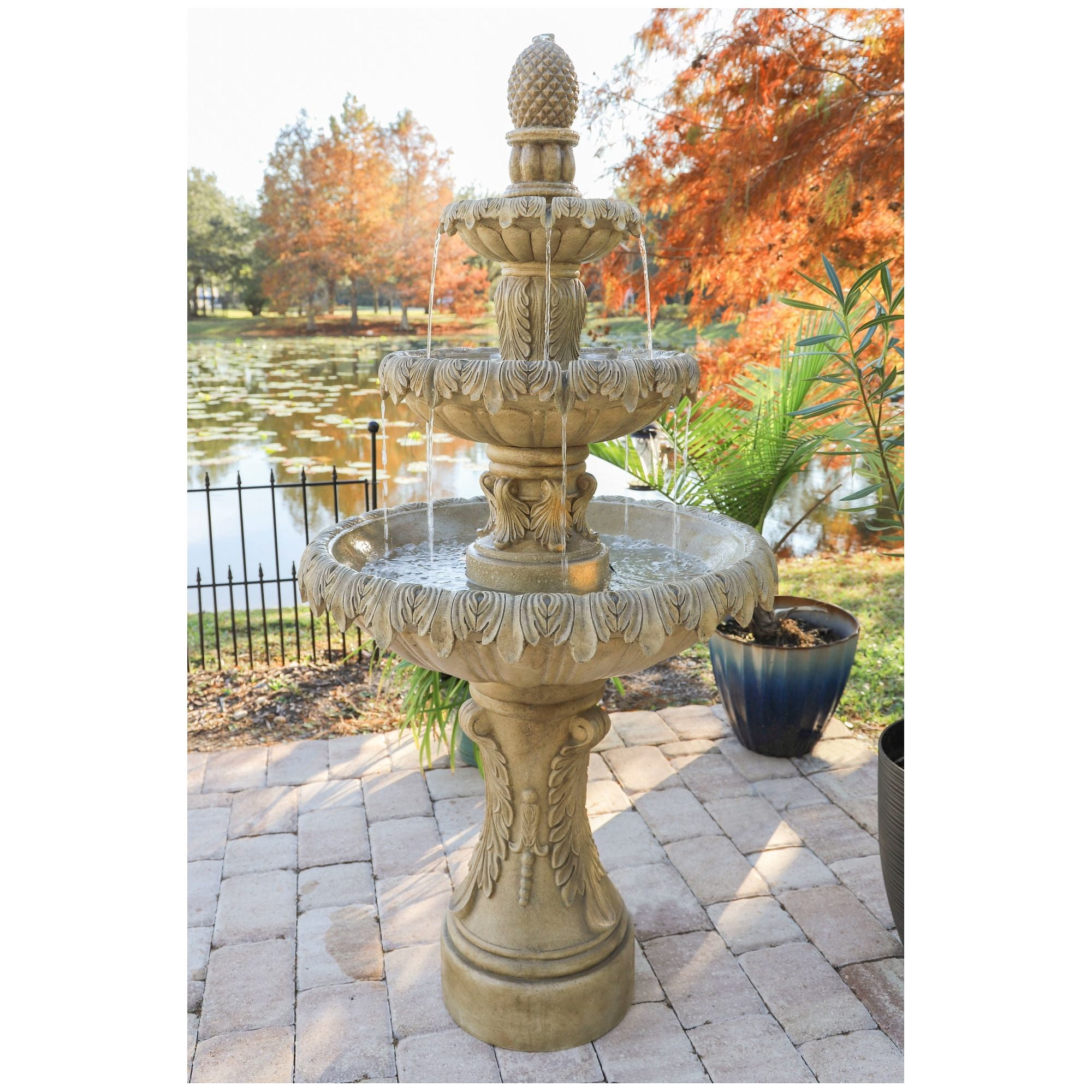 Ibiza 62" High Large Italian Outdoor Decor Sand Stone Floor Fountain with Light LED 3-Tier Outside Garden Patio