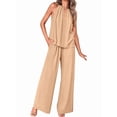 thumbnail image 2 of Women'S Hollow Out Halter Neck Sleeveless Top & Wide Leg Pants, Summer Casual Outfit Set Khaki L, 2 of 9
