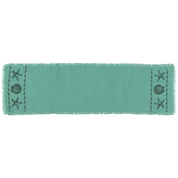Ashton & Willow Aqua Blue Coastal Tabletop Kitchen Sandy Burlap Cotton Stenciled Cotton Burlap Nautical Rectangle 13x48 Runner