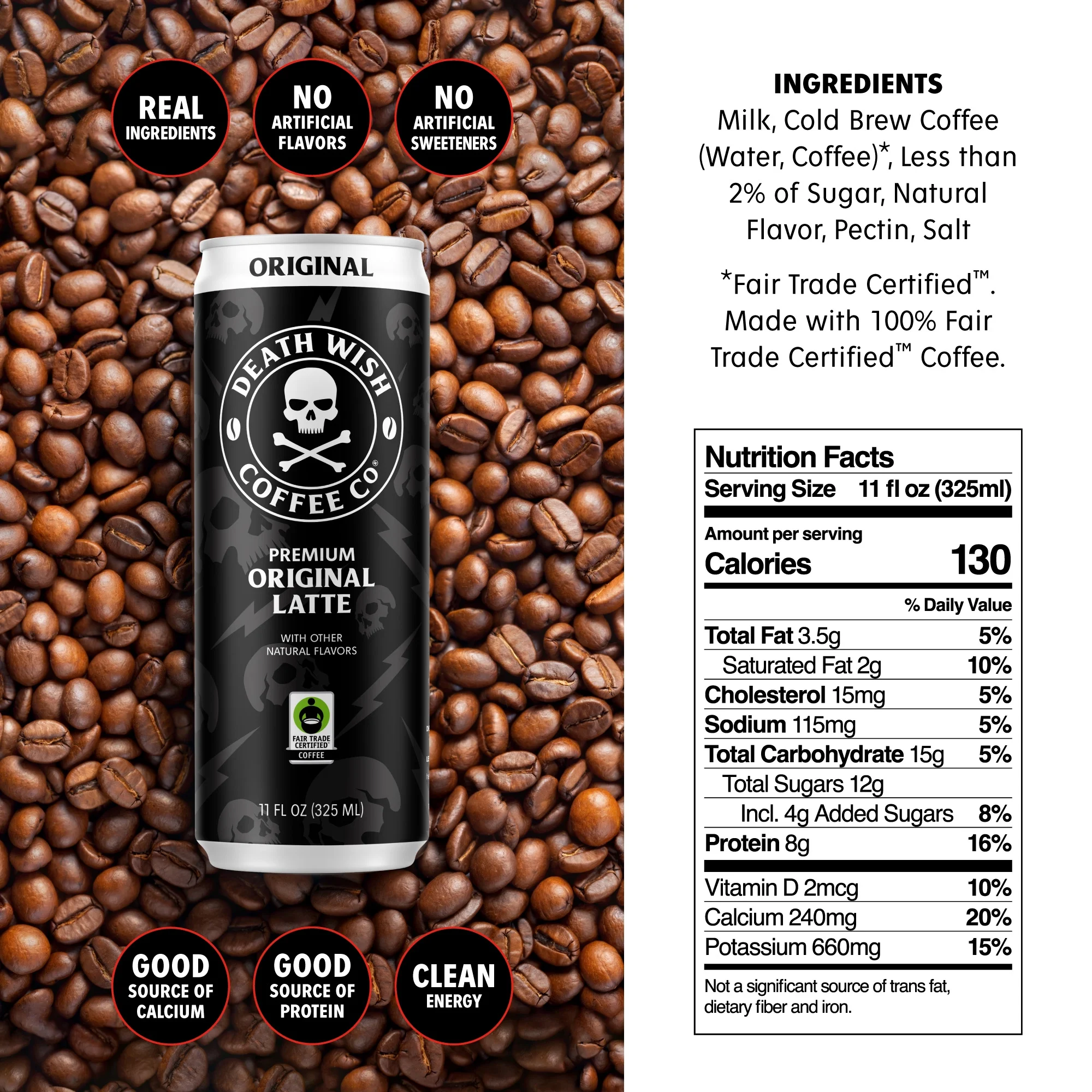 (2 pack) Death Wish Coffee Co., Classic Cold Brew Latte, 100% Fair Trade™ Coffee, Natural Flavors, 11 fl oz Can