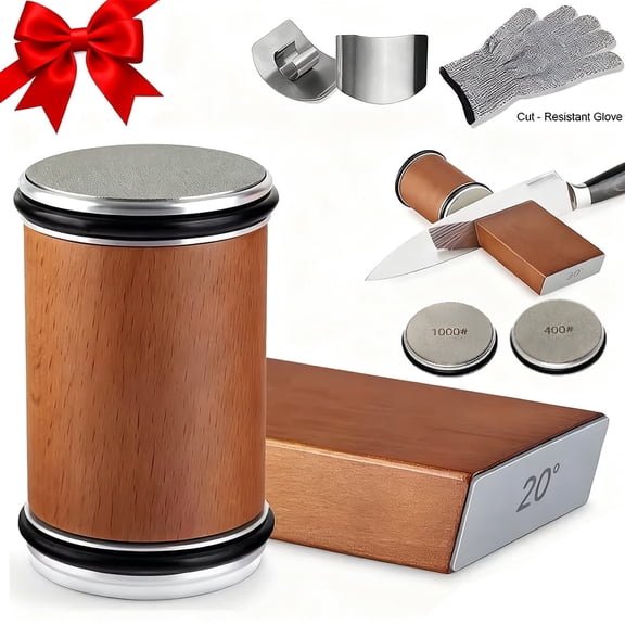 Akatsuki Tumbler Rolling Knife Sharpener Set Kit,15°/20°Magnetic Angle 400/1000 Diamond Sharpening Stone, for Kitchen Pocket Steel Knives with Finger Guard & Cut-Resistant Glove