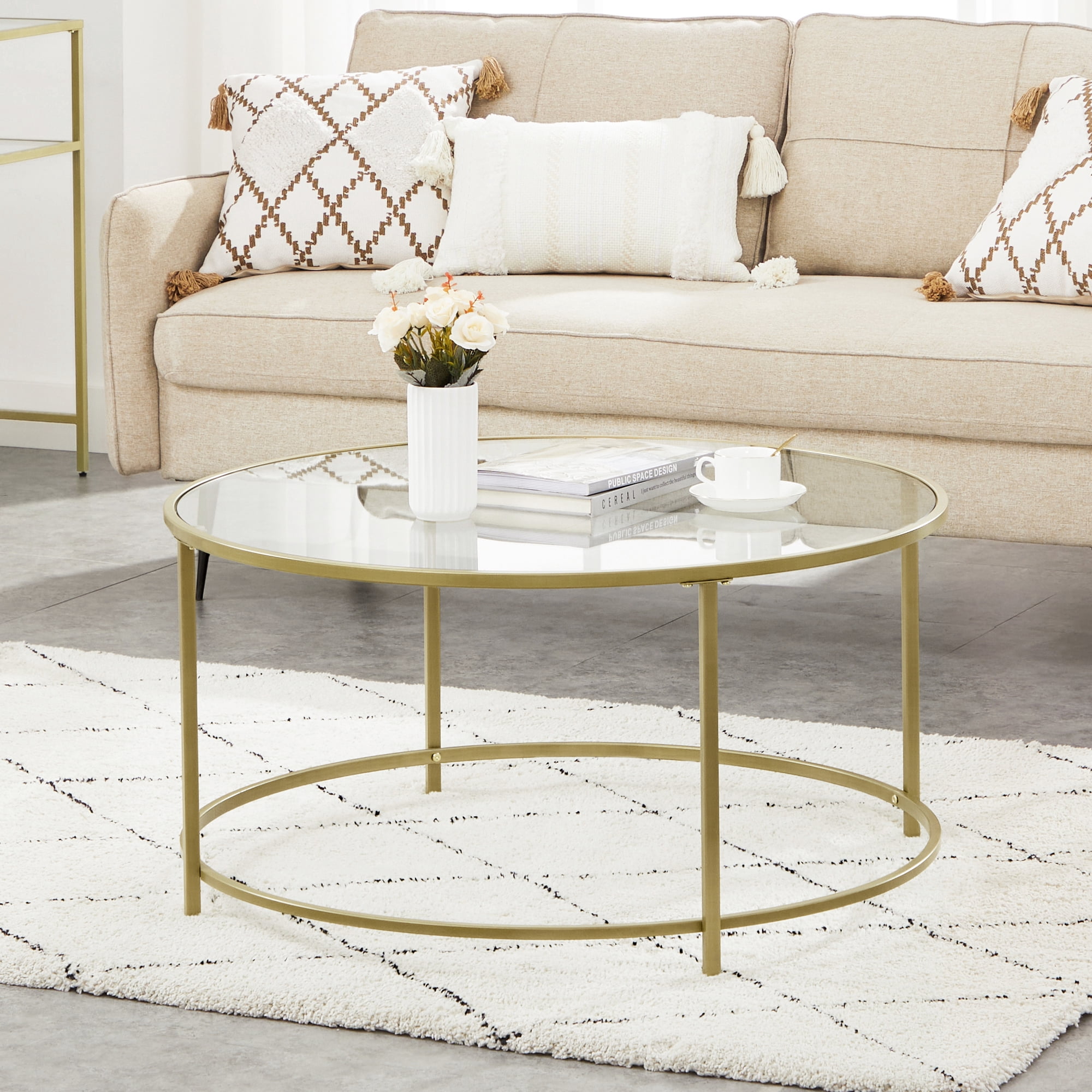 VASAGLE Round Coffee Table, 35.4-Inch Dia. Glass Table with Golden Steel Frame, Living Room Table, Sofa Table, Robust Tempered Glass, Stable, Gold