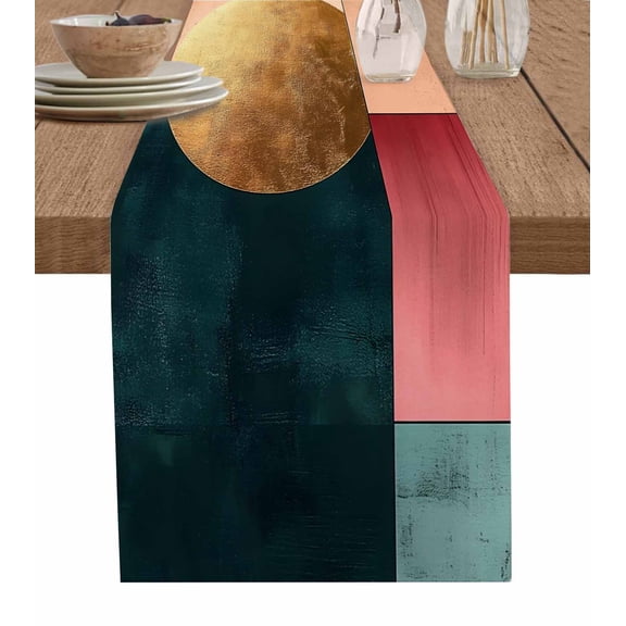 Hokiten Table Runners 70 Inches Long Dress Scarves, Boho Gold Circle Farmhouse Coffee/Dining/Kitchen Table Decor, Holiday Table Runner, Modern Geometric Color Blocks 13x70 Inch