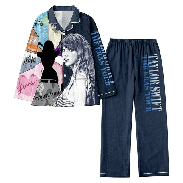 Spring and Autumn Printed Pajamas Women's Fashion Daily Casual V-Neck Long Sleeve Set Character Pattern Printed Pajama Set