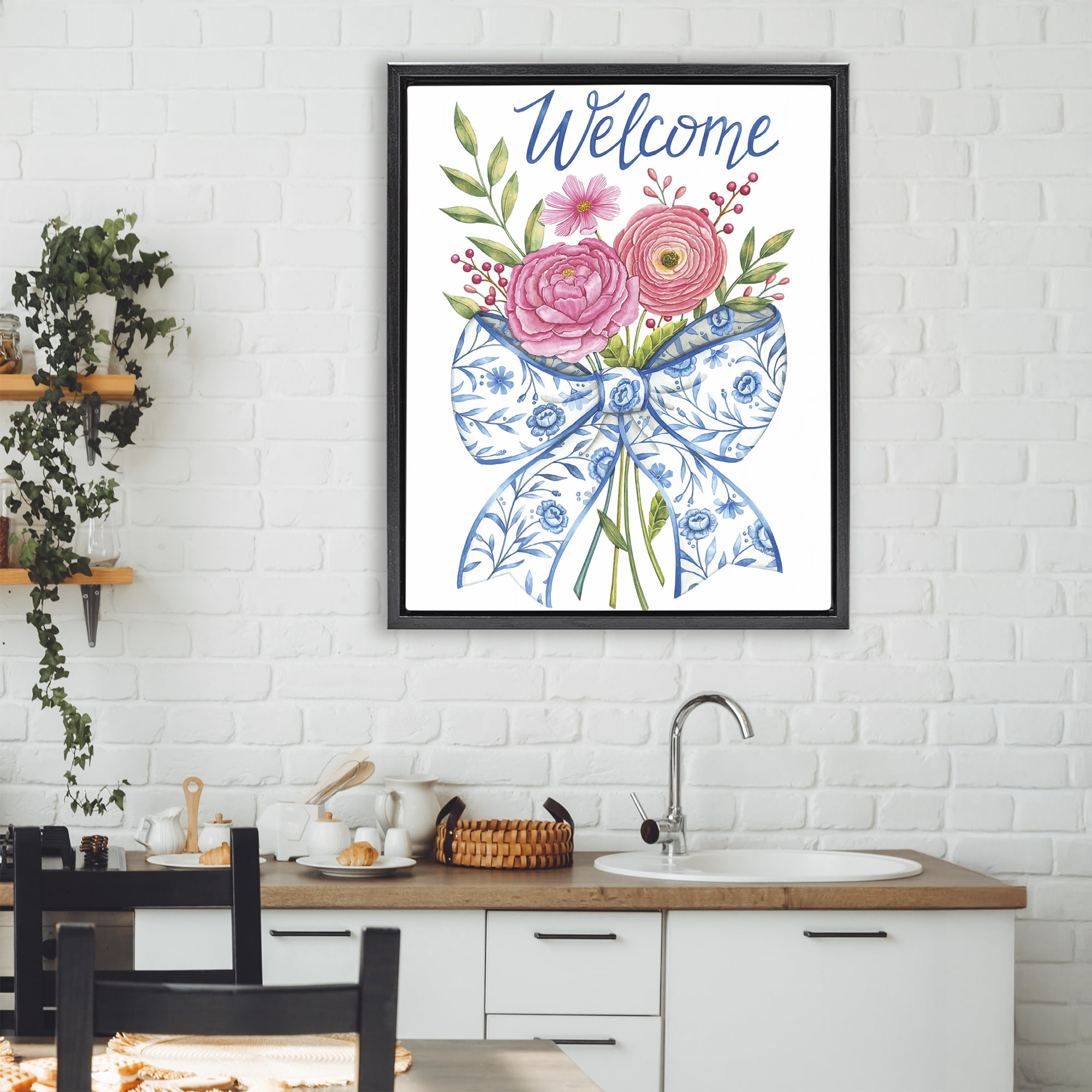 Stupell Industries Bow & Flowers Welcome Black Framed Floater Canvas Wall Art, design by Deb Strain