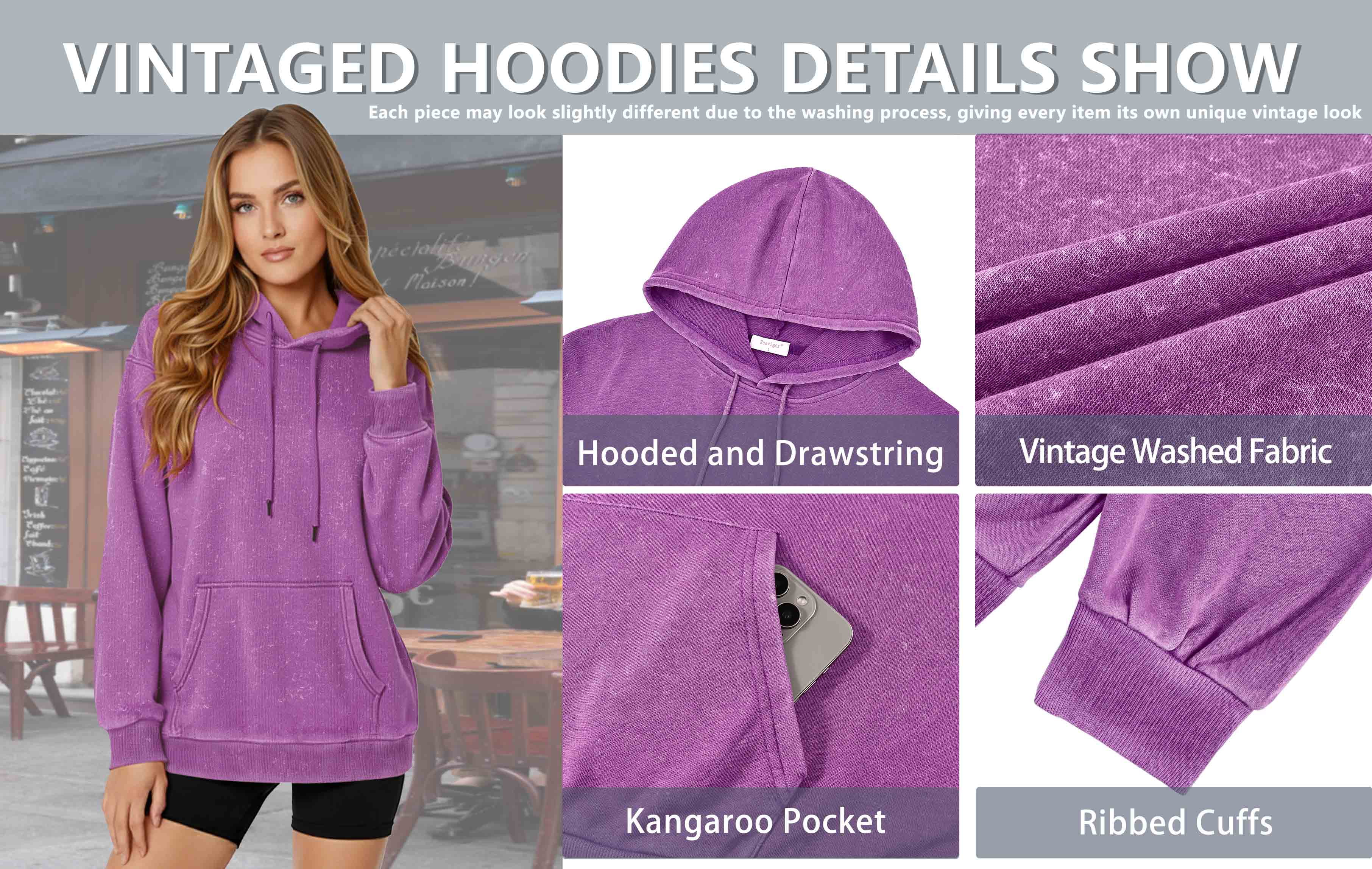 Rosvigor Vintage Hoodies for Women Acid Wash Hoodies Women Oversized Pullover Tops Streetwear Sweatshirts with hooded