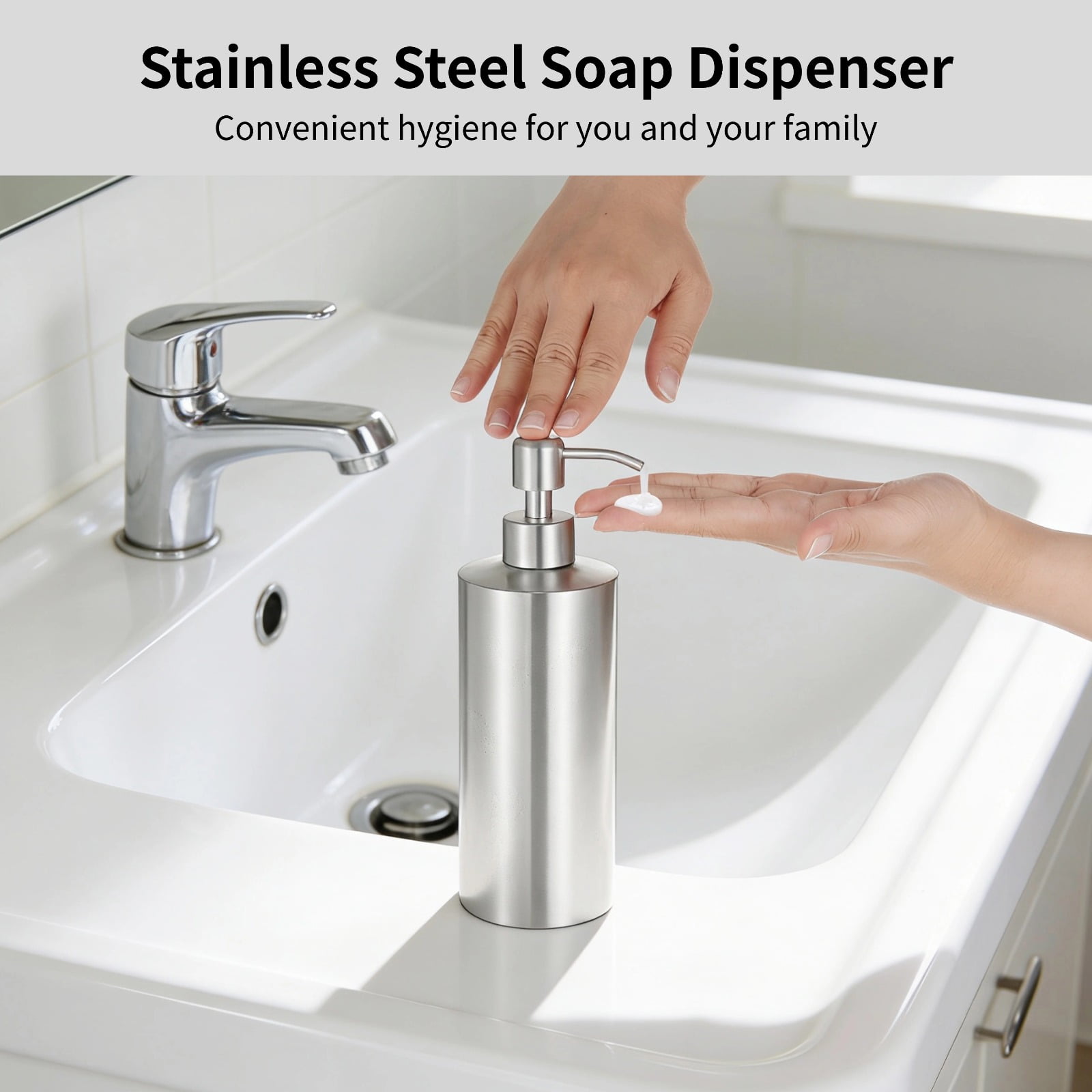 2 Pcs Stainless Steel Soap Dispenser, 18.6 oz Large Liquid Hand Soap Dispenser, Rustproof Countertop Soap Dispenser Set for Kitchen, Bathroom, Cylinder-Shaped Lotion Bottles