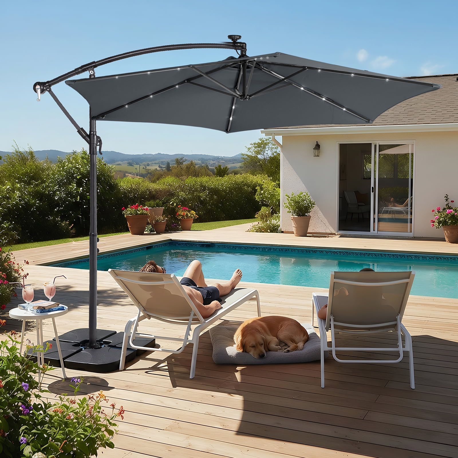 10FT Round Banana Patio Umbrella with LED Lights - Waterproof Polyester Canopy, 6 Iron Ribs, Cross Base & LED Lighting for Outdoor Shading