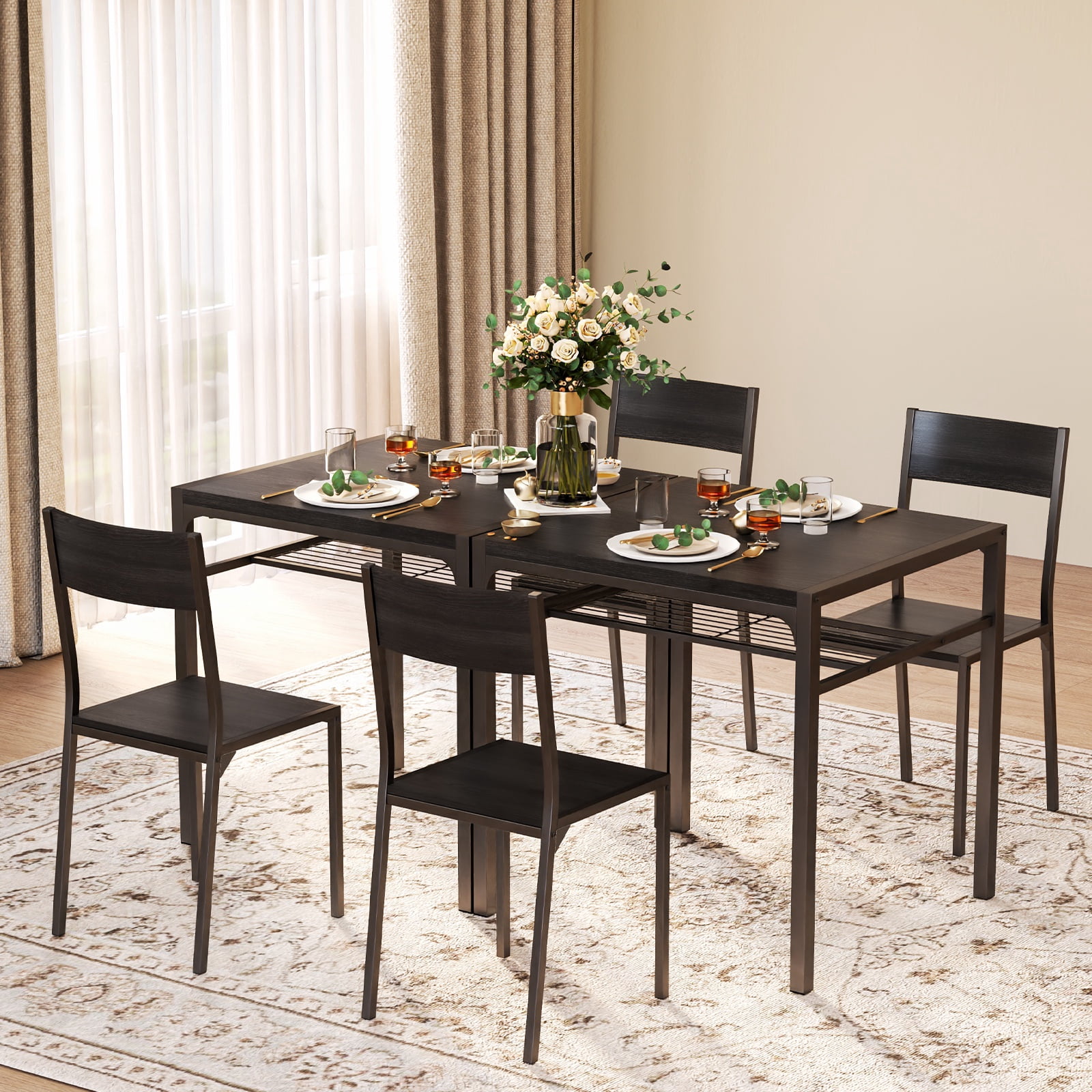 3 Piece Dining Table Set for 2, Lofka Kitchen Table with Chairs & Storage Shelf, Black MDF Dining Set for Small Space, Apartment, Breakfast Nook