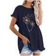 thumbnail image 1 of Blusa superior de lino y algodón con estampado de manga corta y cuello redondo con borlas para mujer Pompotops  hkajfhjk469327, 1 of 5