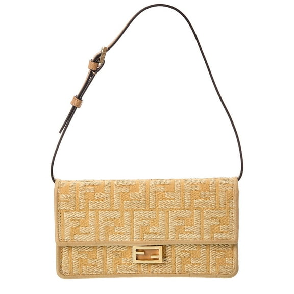 FENDI Baguette FF Jacquard Raffia & Leather Wallet On Chain, Beige