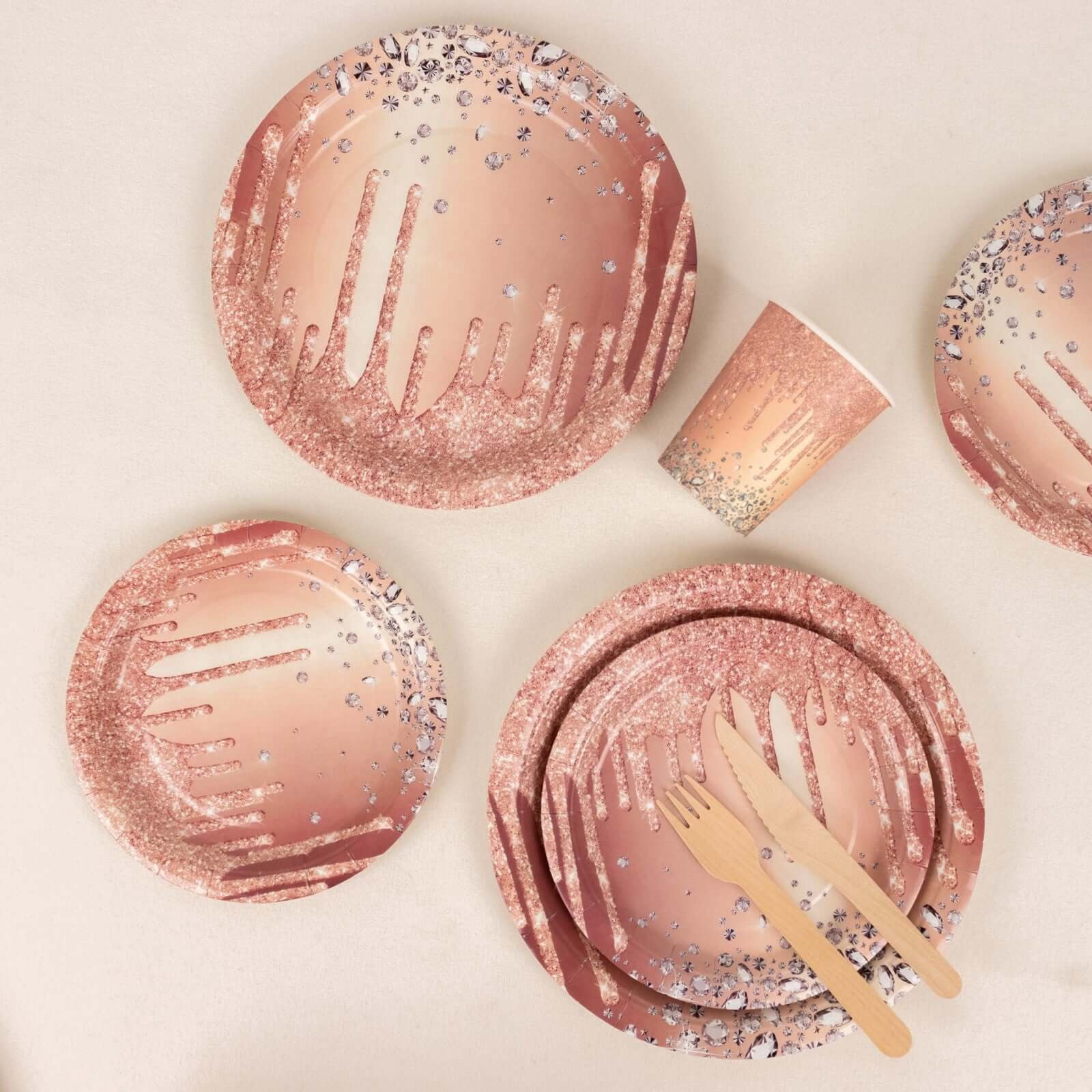 Efavormart 72 Pcs Rose Gold Disposable Party Supplies Kit With Diamonds Glitter Drip Pattern, Paper Plates Cups Tableware Combo Pack