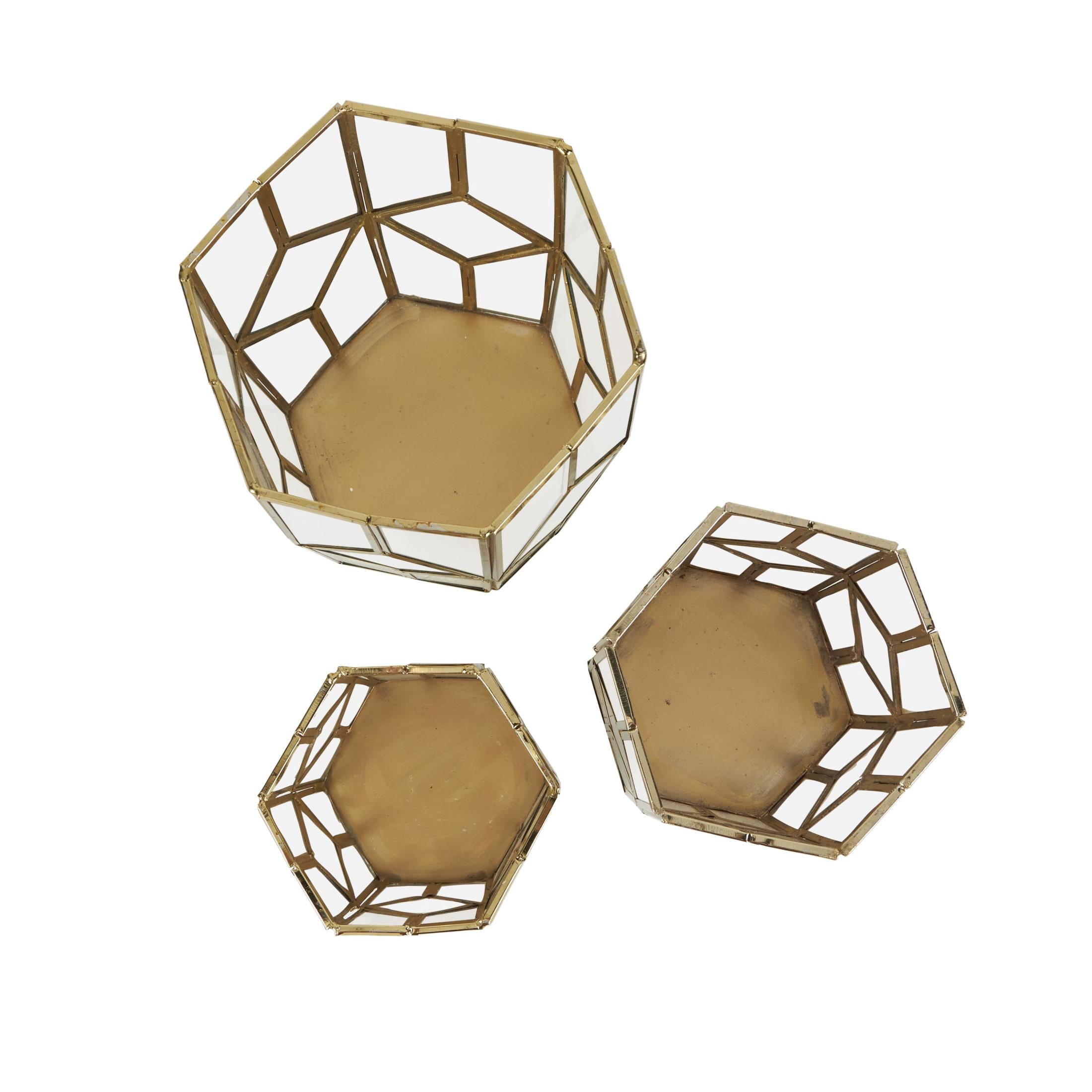 CosmoLiving by Cosmopolitan 3 Holder Gold Metal Geometric Diamond Patterned Hexagon Candle Lantern with Clear Glass, Set of 3