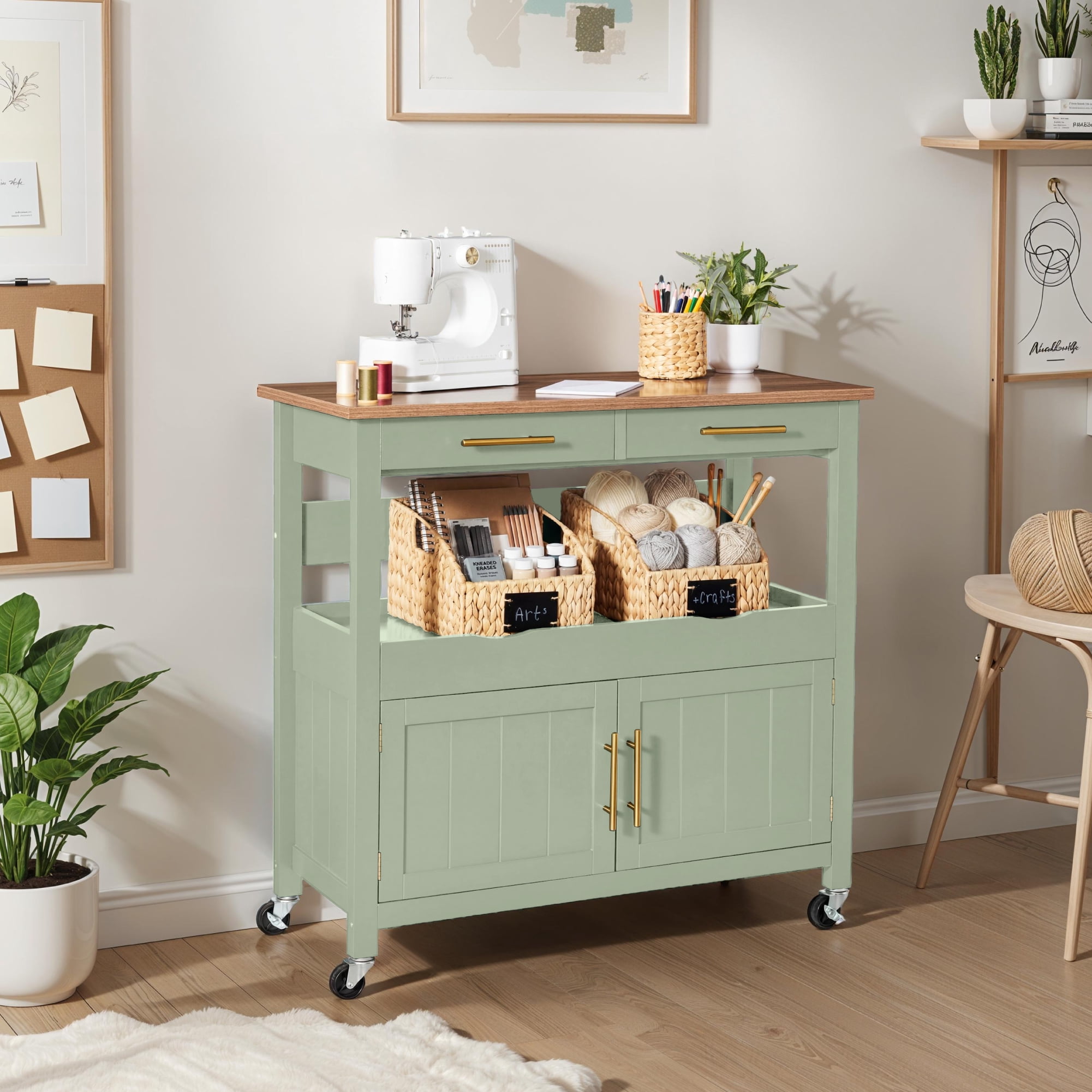 Best Choice Products 36in Large Rolling Kitchen Island Cart, 2-Door Cabinet, Outlet, Hooks, & Wheels - Pistachio Green