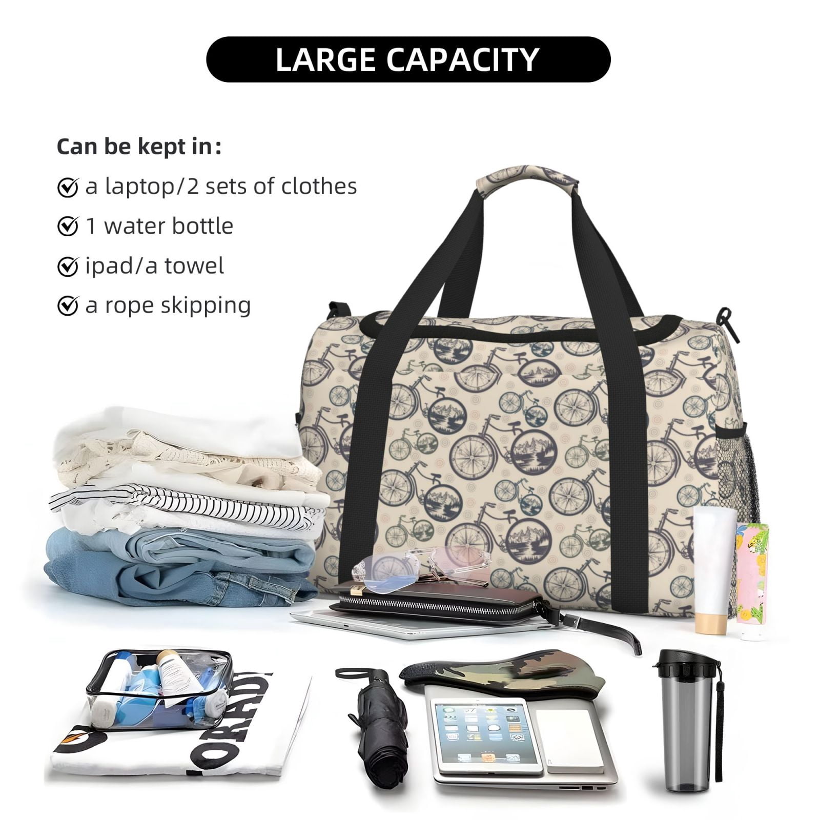 Picia Compass And Mountains In Bicycle Wheels Print Travel Duffle Bag,Weekender Bags for Women with Shoe Compartment, Gym Duffel Bag with Wet Pocket, Hospital Bags for Labor and Delivery