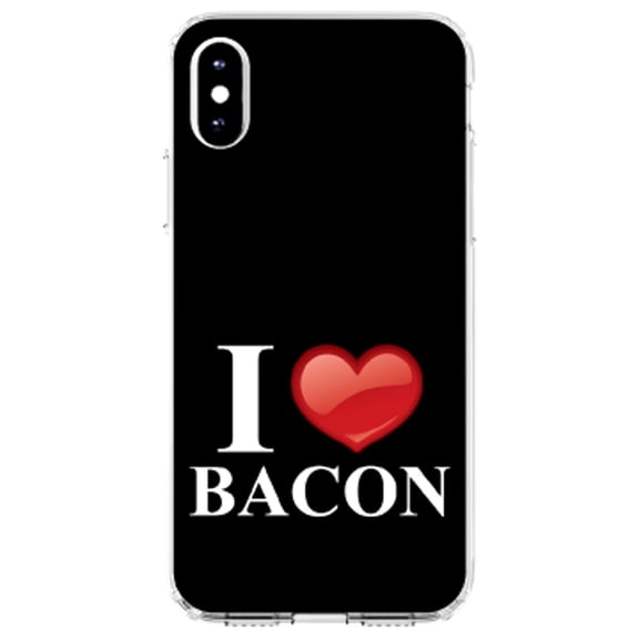 DistinctInk Clear Shockproof Hybrid Case for iPhone X / XS (5.8" Screen) - TPU Bumper, Acrylic Back, Tempered Glass Screen Protector - Black White Red I Heart Bacon - Show Your Love of Bacon