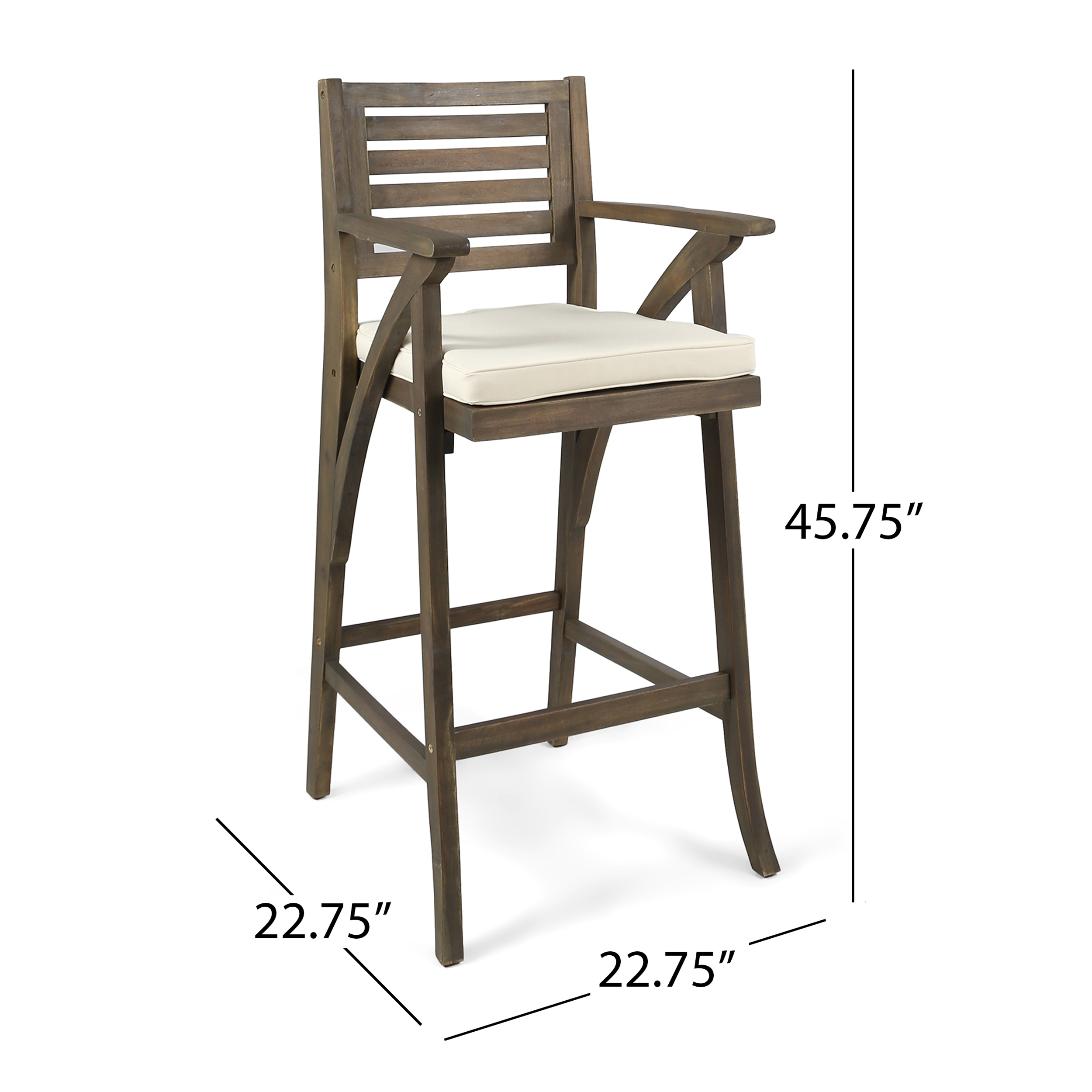 Outdoor Acacia Wood Barstool with Cushion,Cream,Grey