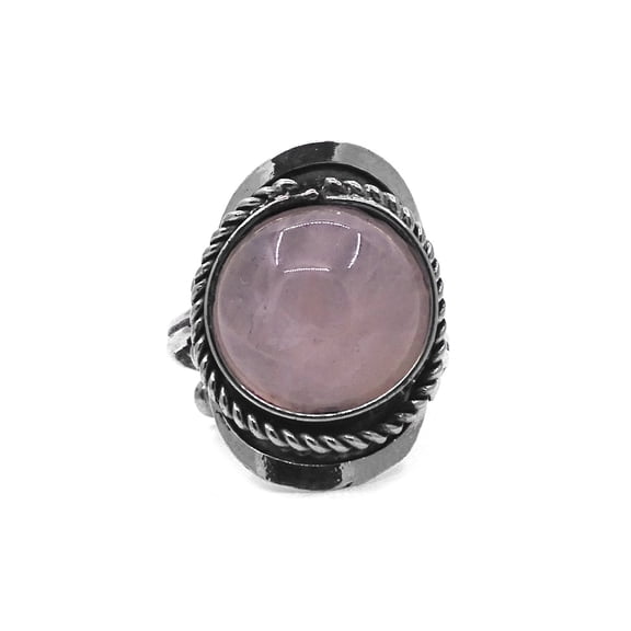 Round Semi Precious Healing Gemstone Crystal Cabochon Silver Metal Border Adjustable Ring - Womens Natural Fashion Handmade Jewelry Boho Accessories