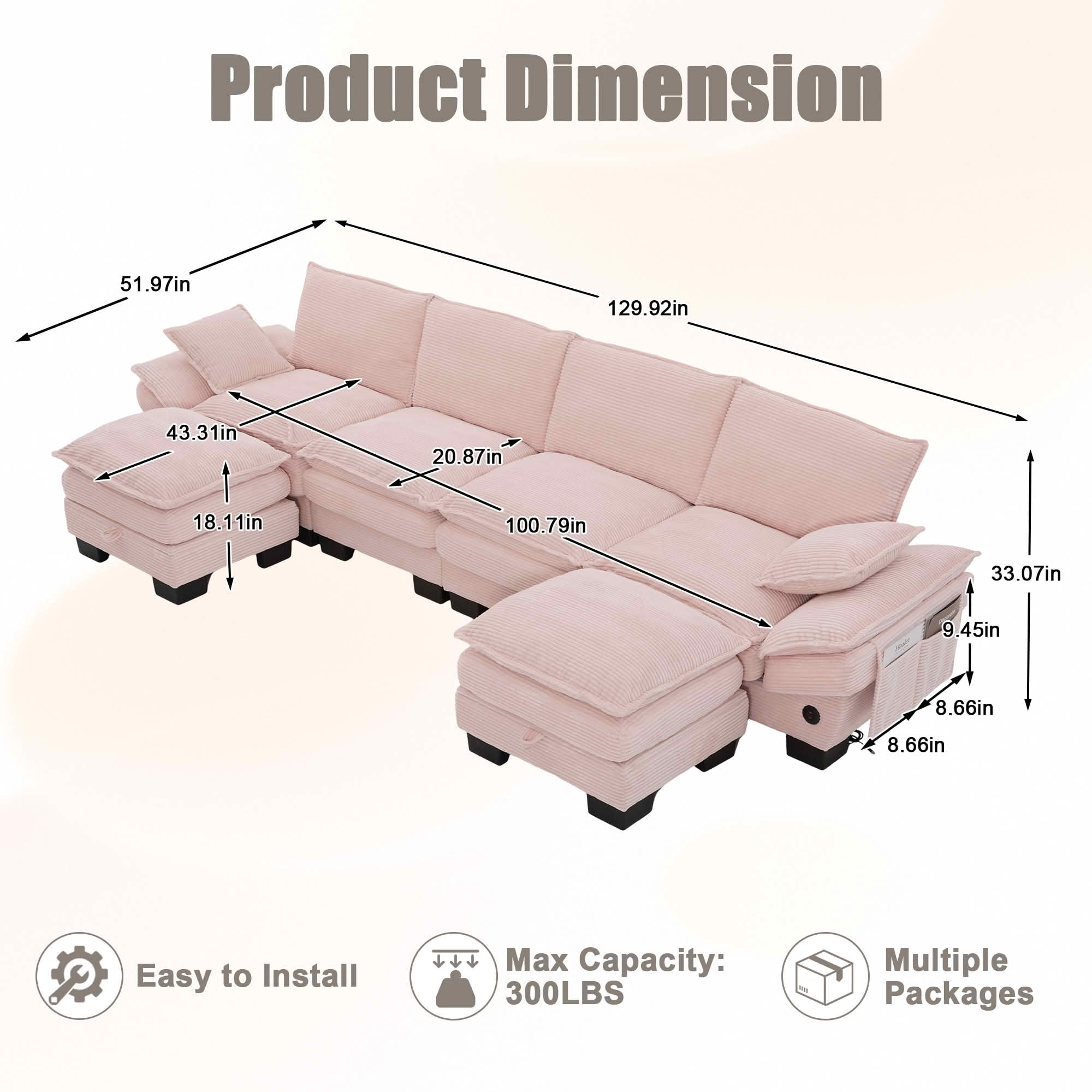 MAYEERTY Multi-Config Cloud Corduroy Modular Sofa, Deep Seat Sectional Couch with Storage Footstool & USB Ports for Small Apartment