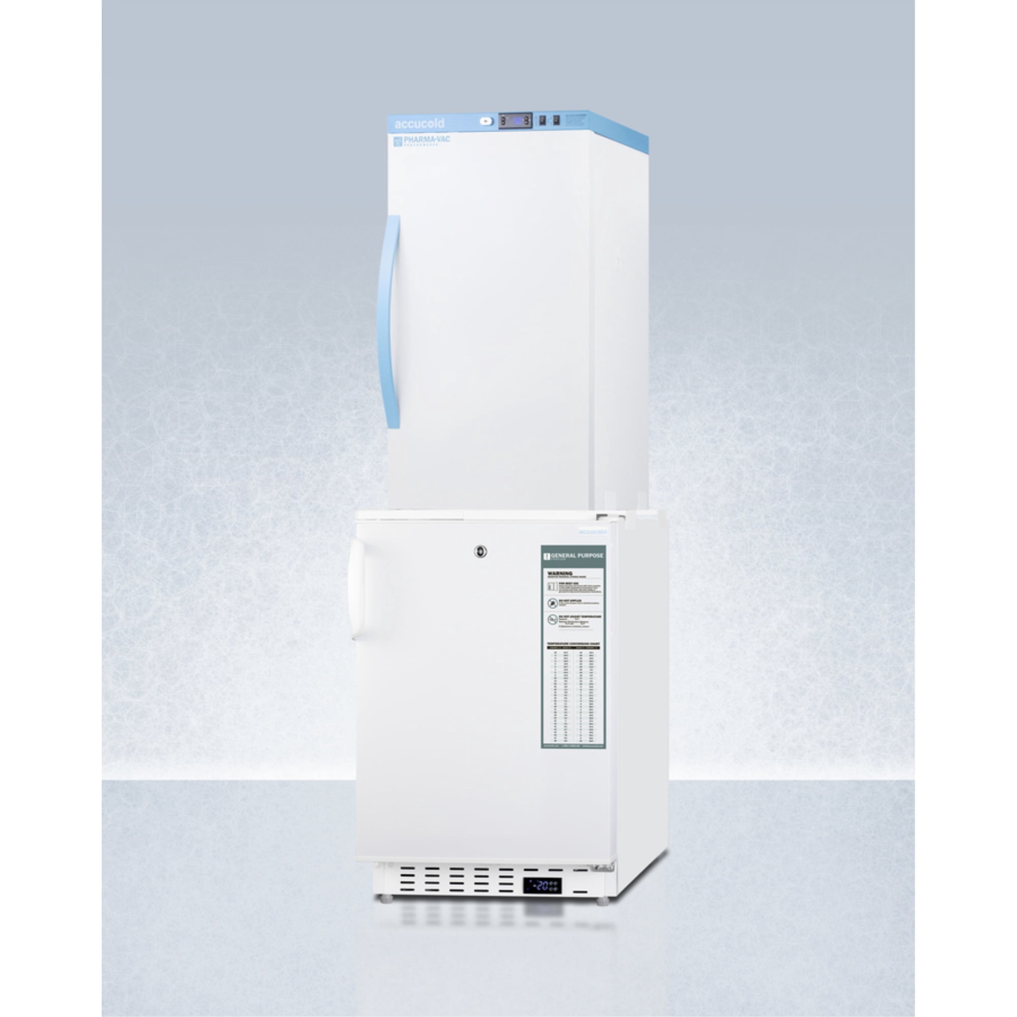 Stacked vaccine refrigerator-freezer combination