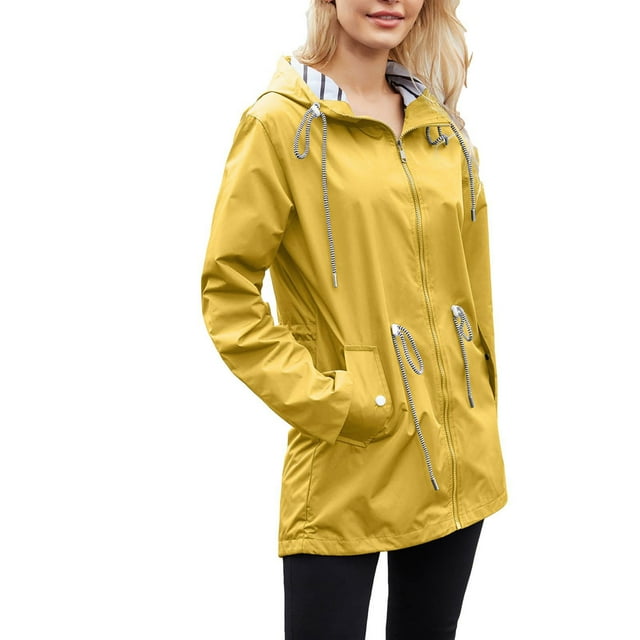 LMKIHUSA Vestes à Capuche pour Femmes Imperméables à Rayures Imprimées Vestes à Lignes Manches Longues Fermeture Éclair Complète Vestes à Capuche Plein Air Randonnée Coupe-Vent Manteaux avec Poches 2025 XX-Grand