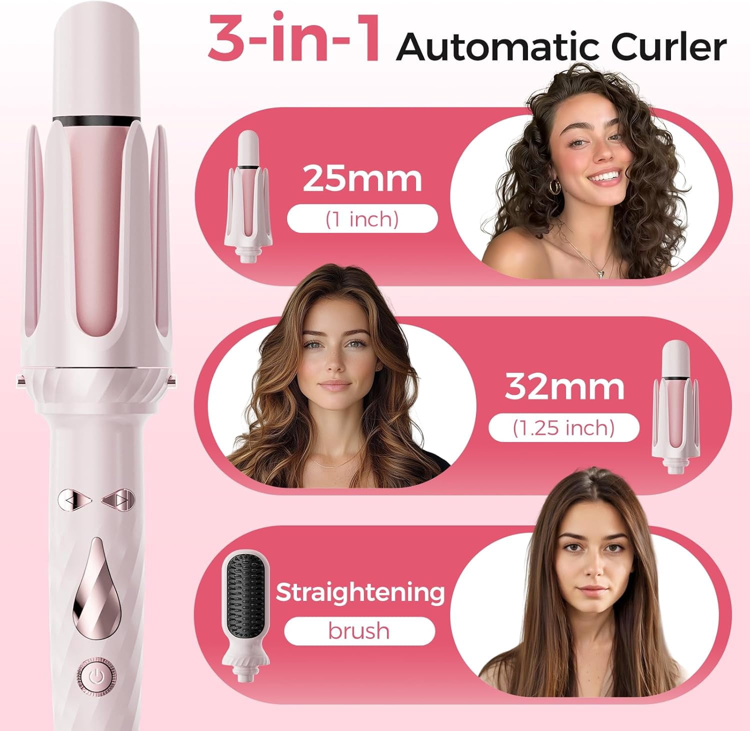 3-in-1 Automatic Hair Curler & Styler Set, Auto-Rotating Ceramic Curling Iron with Straightening Brush for All Hair Styles, Anti-Tangle & Anti-Scald