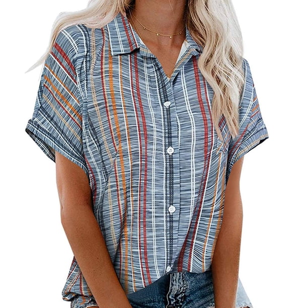 Camisas con botones para mujer, cuello en V, rayas, manga corta, bolsillo frontal, blusas casuales de verano, blusas para el trabajo, uso diario