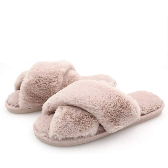 U-slide Women’s Cross Band Soft Plush Fluffy Furry Fleece House Indoor or Outdoor Ladies’ Slide Slippers, Powder Pink, 7-8