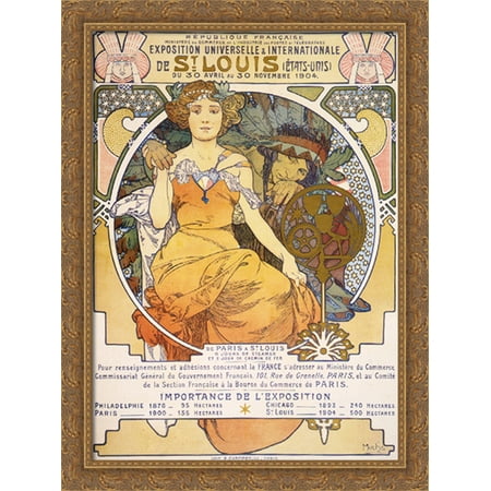 Woman Lithograph - Art nouveau color lithograph poster showing a seated woman clasping the hand of a Native American 28x38 Large Gold Ornate Wood Framed Canvas Art by Alphonse Mucha