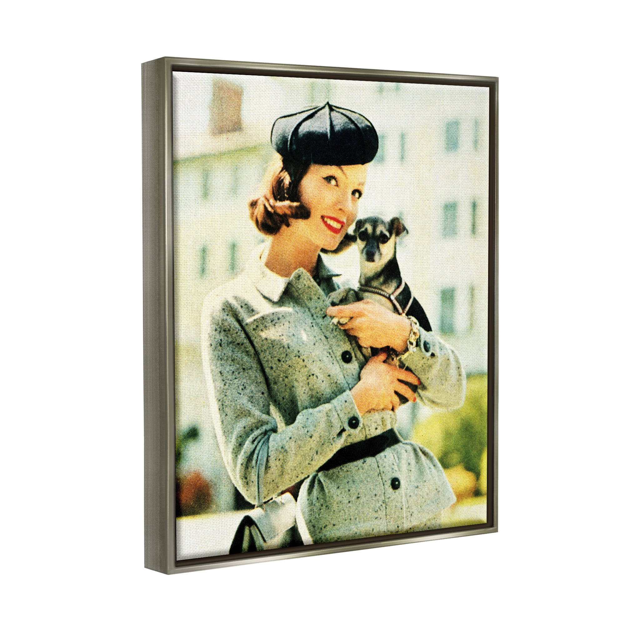Stupell Industries Vintage Woman & Dog Portrait Beauty & Fashion Photography Gray Floater Framed Art Print Wall Art