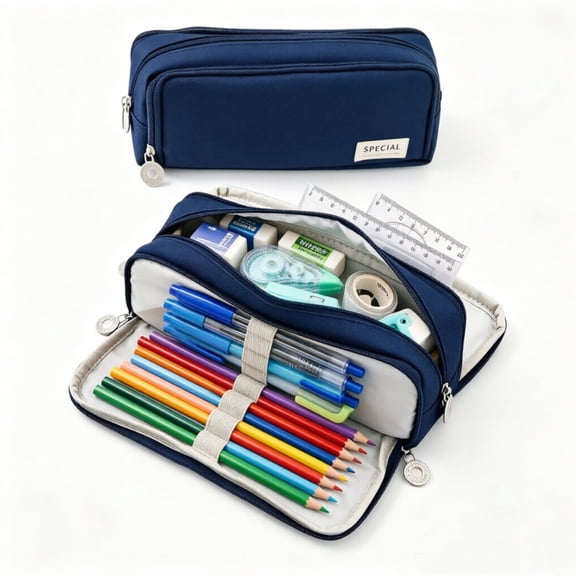 Large Capacity Pencil Case 3 Compartment Oxford Cloth Zipper Pen Pouch, School Supplies Bag, Teachers, Office, Travel and Makeup Bag (Navy Blue)