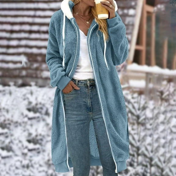 Long Fuzzy Jackets for Women Winter Coats 2025 Full Zip Up Color Blocked Hooded Overcoats with Drawstring Pockets