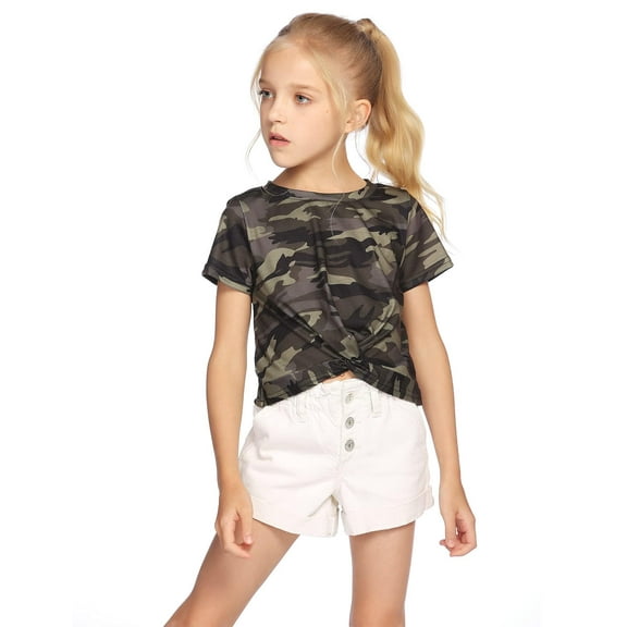 Oudiya Summer Girl's Short Sleeve T-Shirt Soft Crewneck Crop Top Twist Wrap Tee Fashion Clothes for 5-12Y
