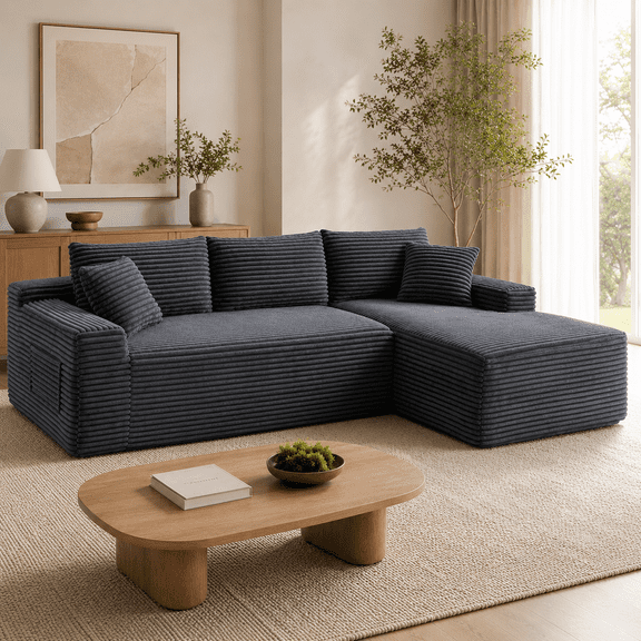 94.5" Dark Gray Ribbed Corduroy L-Shaped Sectional Couch, 4-Seat Modular Sofa with Right-Facing Chaise Lounge, Deep Seat Foam, Wide Arms, Pillows, No Assembly for Living Room & Apartment