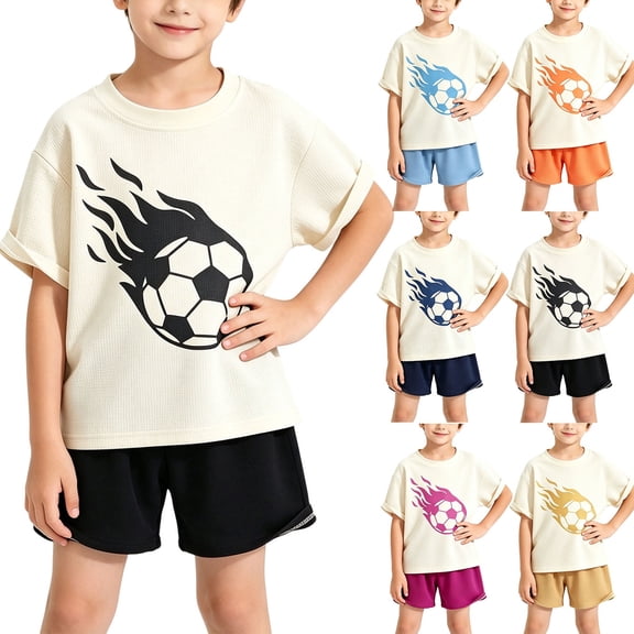 WAVSUF Boys Outfit Sets 2-Piece Football Print T-Shirt and Shorts Elastic Waist Short Sleeve Kids Summer Cute Active Clothes Blue Size 7-8