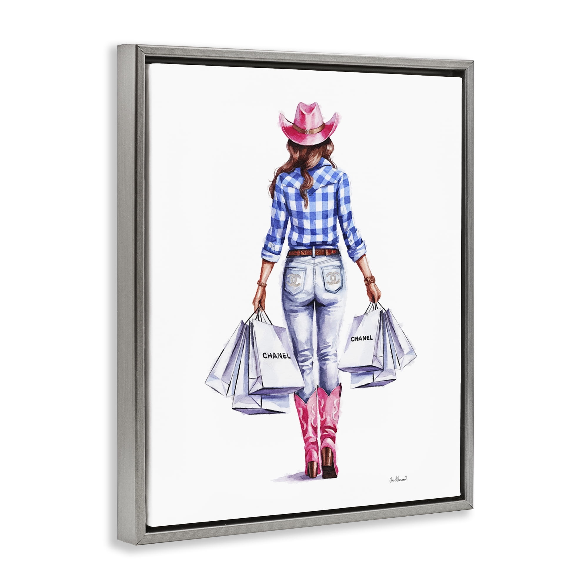Stupell Industries Cowgirl & Shopping Bags People Painting Gray Floater Framed Canvas Art Print Wall Art, 25 x 31
