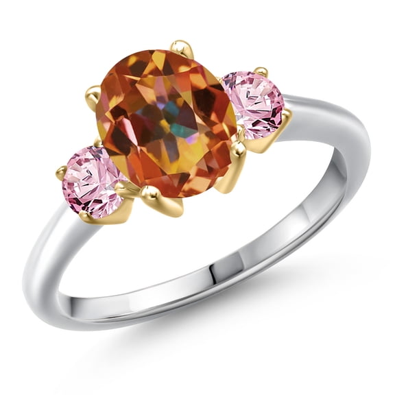 Gem Stone King 10K Two Tone Gold Ecstasy Mystic Topaz and Pink Lab Grown Diamond Engagement Ring for Women | 2.50 Cttw | Oval 9X7MM | Gemstone November Birthstone | Size 8