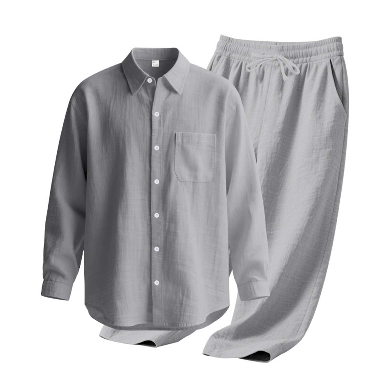 Men's Linen Casual Outfits Piece Solid Color Cuban Shirt and Pants Set Lightweight Beach Vacation Suit